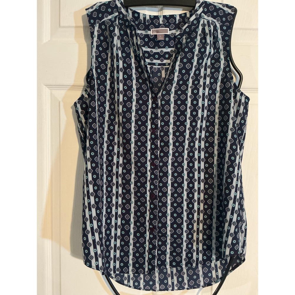 Chelsea28 Womens Navy Blue Geometric Print Sleeveless Button Down Blouse Size M